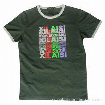 Army Green Round Neck Cotton T-shirt with Water Print, Heat-transfer Print Decorations